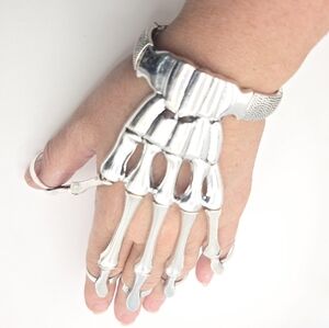 Silver-Tone Hand Skeleton Bracelet And Rings
